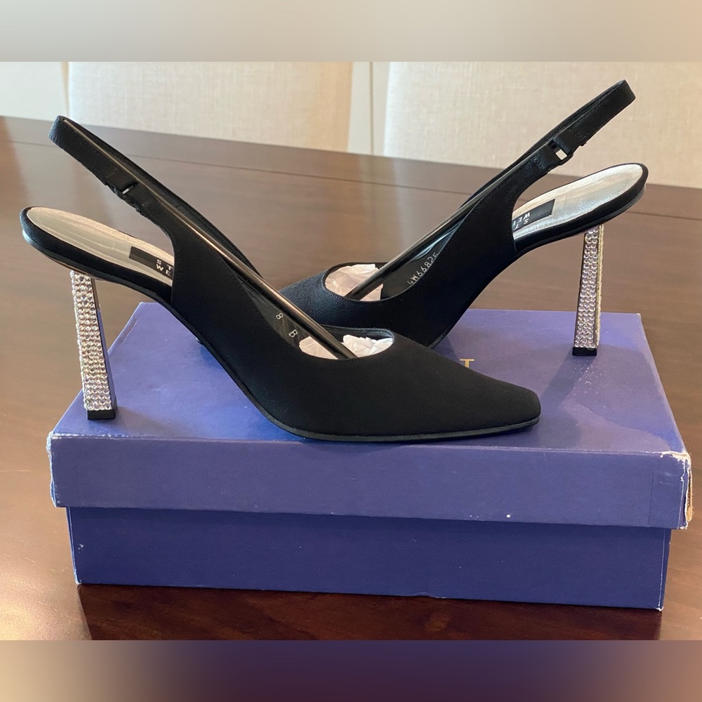 Stuart Weitzman Black Satin Slingbacks with Crystal Rhinestone Studded Heels